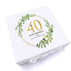 Personalised 40th Birthday Gift for her Keepsake Memory Box Gold Wreath Design