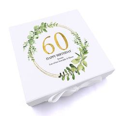 Personalised 60th Birthday Gift for her Keepsake Memory Box Gold Wreath Design