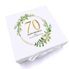 Personalised 70th Birthday Gift for her Keepsake Memory Box Gold Wreath Design