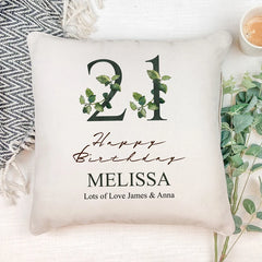 Personalised 21st Birthday Green Leaf Design Cushion Gift