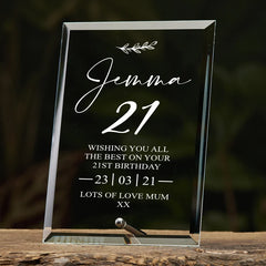 21st Birthday Personalised Glass Plaque Gift With Sentiment