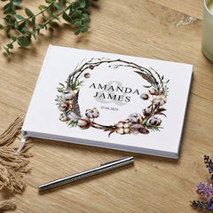 Personalised Wedding Gift Guest Book With Watercolour Rustic Cotton Design