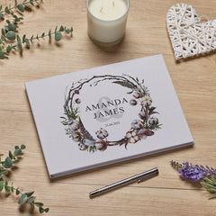 Personalised Large A4 Wedding Linen Guest Book with Watercolour Rustic Cotton Design