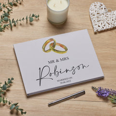 Personalised Large A4 Wedding Linen Guest Book with Gold Ring Design