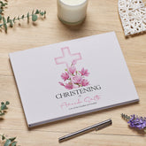 Personalised Large A4 Christening Guest Book with Pink Cross Linen Cover