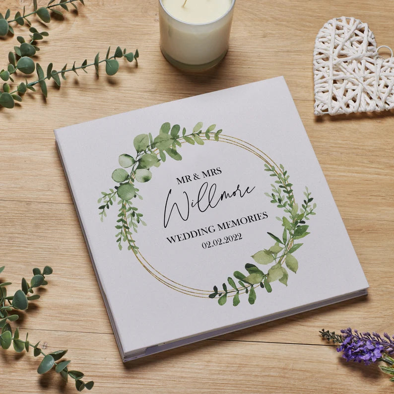 Personalised Large Wedding Photo Album Gift Linen Cover Eucalyptus Wreath Linen Photo Album ukgiftstoreonline