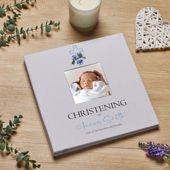 Personalised Christening Photo Album Linen Cover With Blue Cross