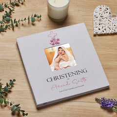 Personalised Christening Photo Album Linen Cover With Pink Cross