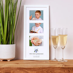 Personalised First Holy Communion Triple Photo Frame With Blue Cross