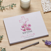Personalised Large A4 Baptism Guest Book with Pink Cross Linen Cover