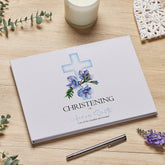 Personalised Large A4 Christening Guest Book with Blue Cross Linen Cover