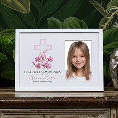 Personalised Holy Communion White Photo Frame With Pink Cross 6"x4"