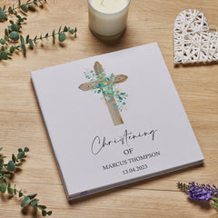 Personalised Christening Large Linen Cover Photo Album With Wood Cross