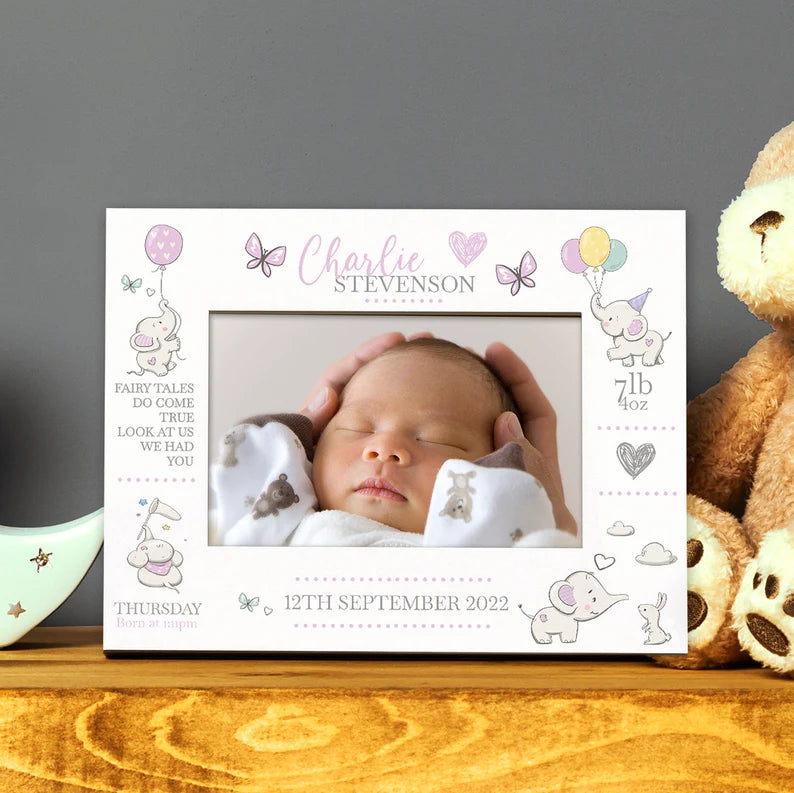 Personalised Baby Girl Photo Frame With Birth Details and Cute Elephant Photo Frame ukgiftstoreonline