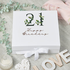 Personalised 21st Birthday Green Leaf Design Keepsake Memory Gift Box.