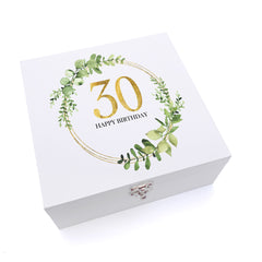 ukgiftstoreonline Personalised 30th Birthday Gift for her Keepsake Wooden Box Gold Wreath Design