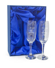Personalised Engraved Champagne Flutes x 2 Wedding Day Bride and Groom Personalised Champagne Glasses ukgiftstoreonline
