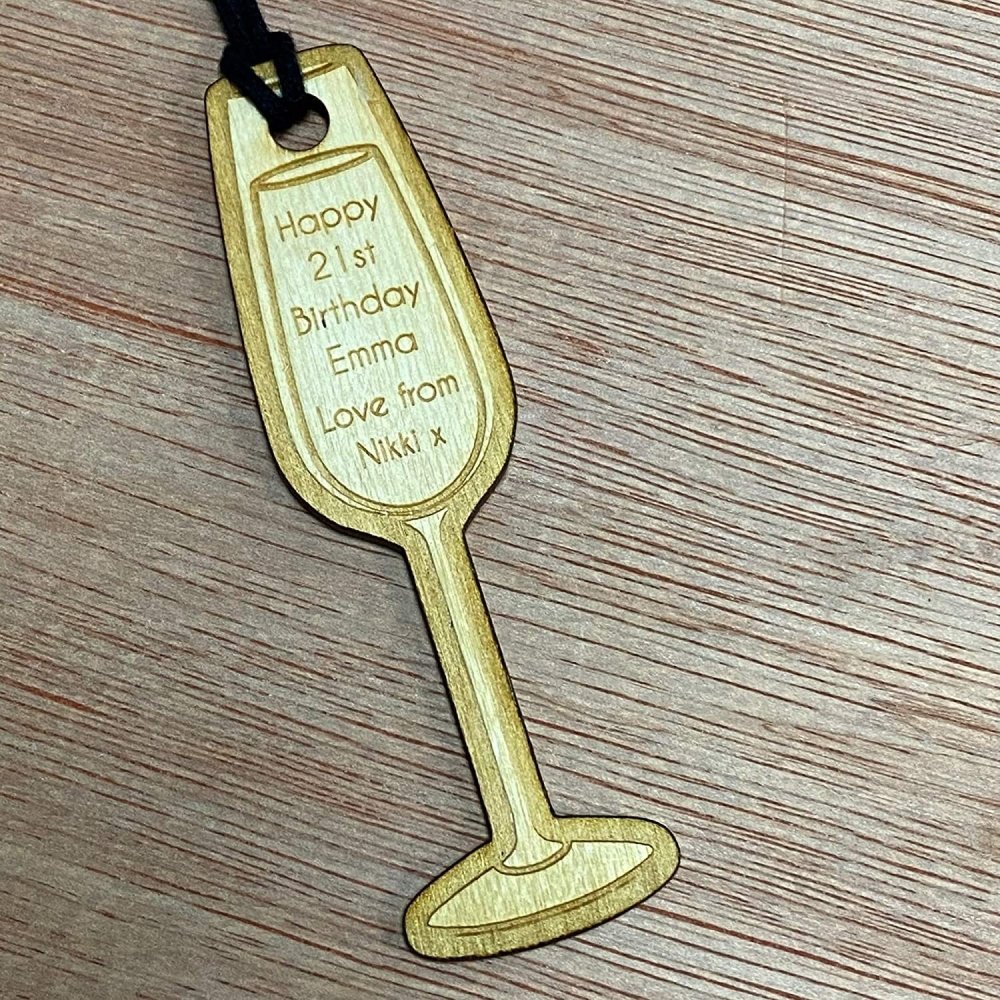 Personalised Wooden Any Age Engraved Birthday Gift Tag Champagne Design - ukgiftstoreonline