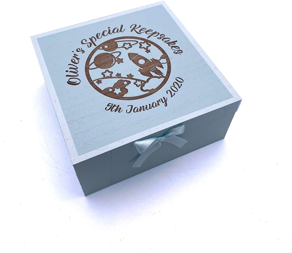 Rocket and planets Personalised Baby Boy Blue Memories Keepsake Box - ukgiftstoreonline