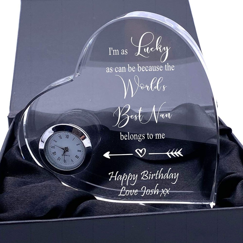 ukgiftstoreonline Gift For Nan Engraved Heart Crystal Glass Clock - ukgiftstoreonline