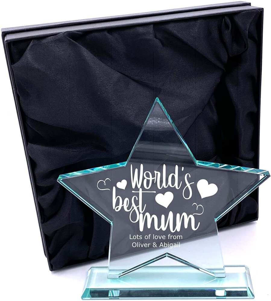 ukgiftstoreonline Large Jade Glass Personalised Star Trophy World's Best Mum In Presentation box Personalised Gifts ukgiftstoreonline