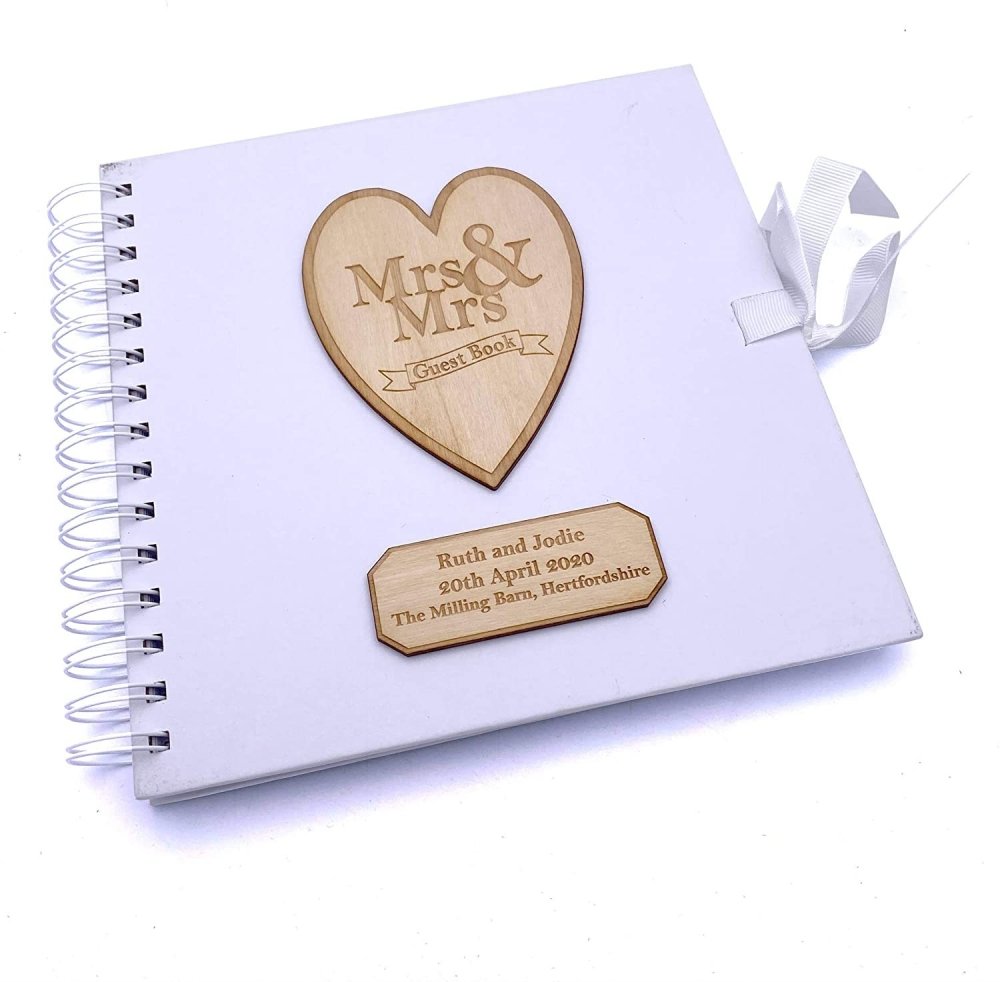 ukgiftstoreonline Mrs and Mrs Personalised White Wedding Guest Book Wooden Engraving - ukgiftstoreonline