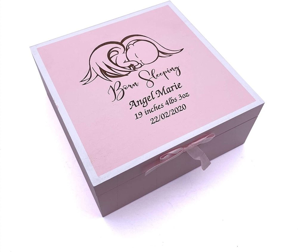 ukgiftstoreonline Personalised Baby Girl Born Sleeping Pink Keepsake Box - ukgiftstoreonline
