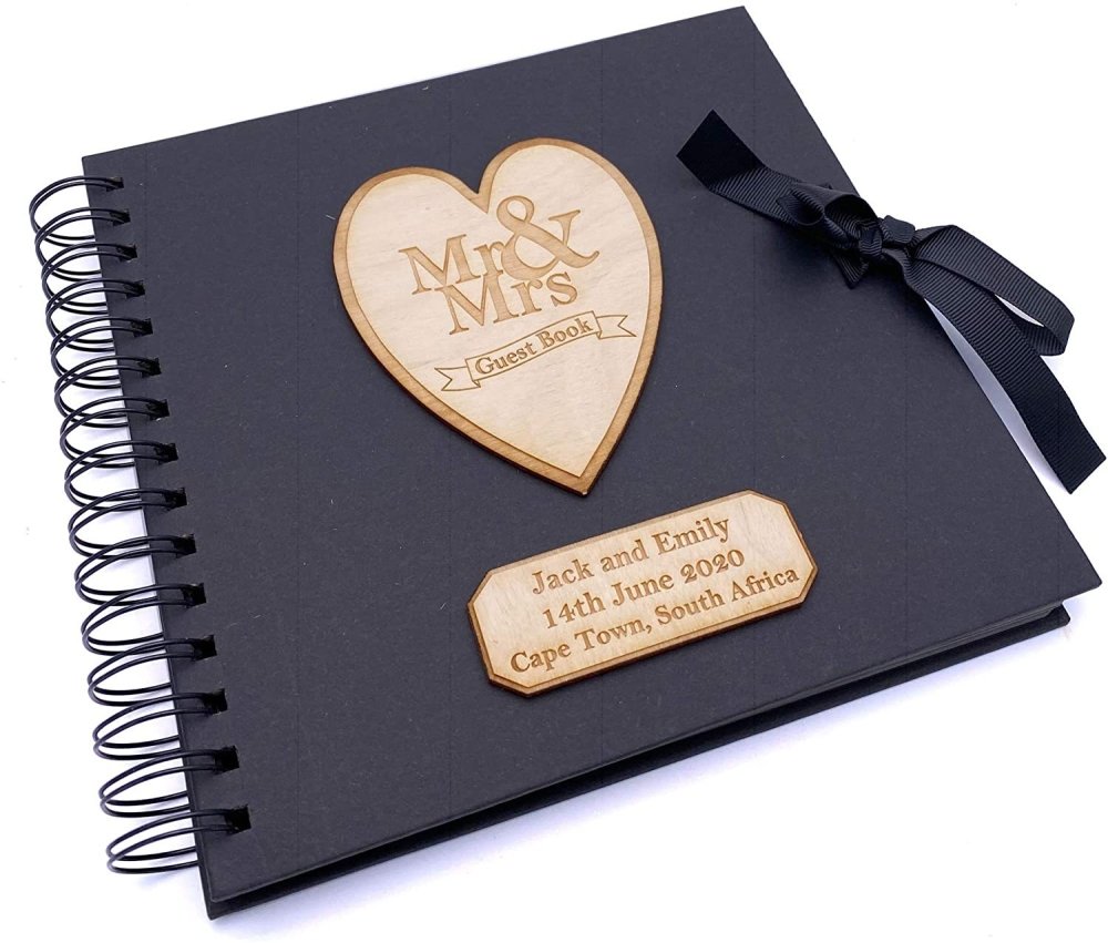 ukgiftstoreonline Personalised Black Wedding Guest Book Wooden Engraving Mr and Mrs - ukgiftstoreonline
