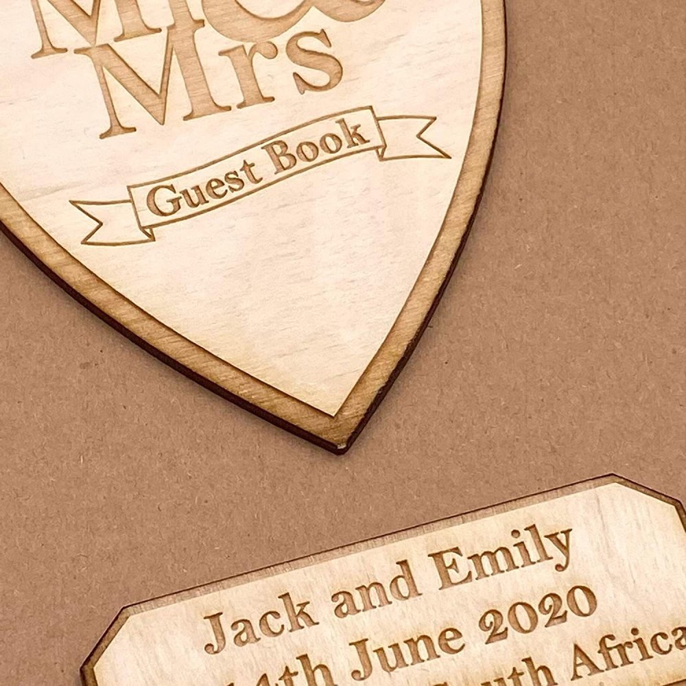 ukgiftstoreonline Personalised Brown Wedding Guest Book Wooden Engraving Mr and Mrs - ukgiftstoreonline