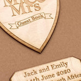 ukgiftstoreonline Personalised Brown Wedding Guest Book Wooden Engraving Mr and Mrs - ukgiftstoreonline