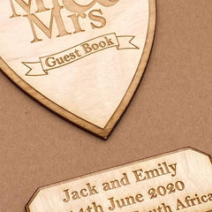 ukgiftstoreonline Personalised Brown Wedding Guest Book Wooden Engraving Mr and Mrs - ukgiftstoreonline