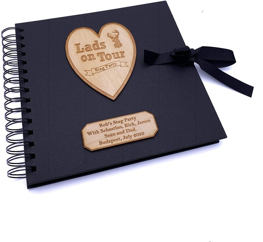 ukgiftstoreonline Personalised Stag Do Scrapbook Photo Album With Wooden Engraving Black Cover Scrapbook Guest Book ukgiftstoreonline