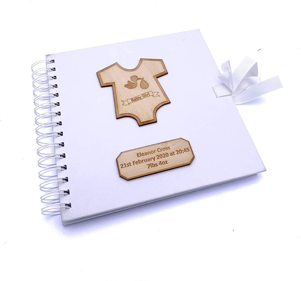 ukgiftstoreonline Personalised White Baby Girl Scrapbook Photo Album With Wooden Engraving - ukgiftstoreonline