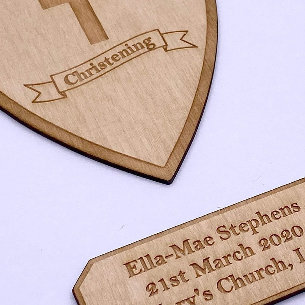 ukgiftstoreonline Personalised White Christening Day Guest Book With Wooden Engraving - ukgiftstoreonline