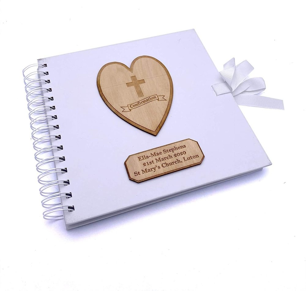ukgiftstoreonline Personalised White Confirmation Guest Book With Wooden Engraving - ukgiftstoreonline