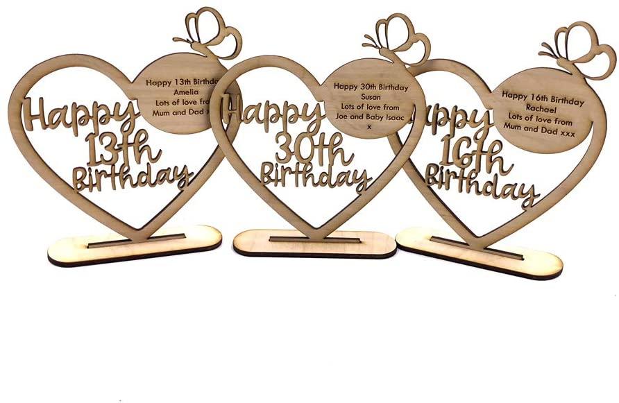 ukgiftstoreonline Personalised Wooden Freestanding Heart Birthday Gift For Her With Message 13th, 16th, 18th, 21st, 30th, 40th, 50th, 60th, 70th - ukgiftstoreonline