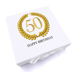Personalised 50th Birthday Gift for him Keepsake Memory Box Gold Wreath Design