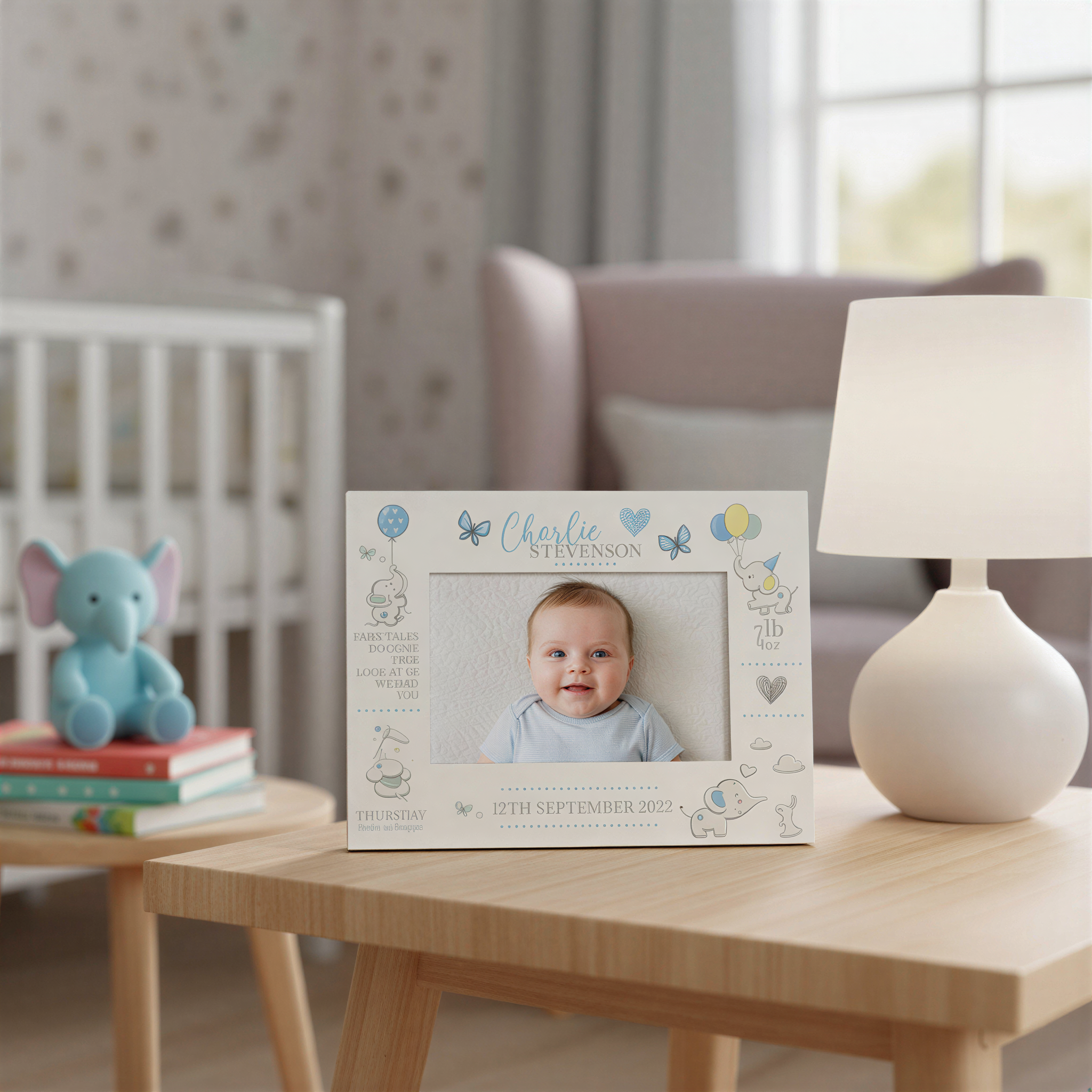 Personalised Baby Photo Frame, Boy Birth Details, Cute Elephant Photo Frame ukgiftstoreonline