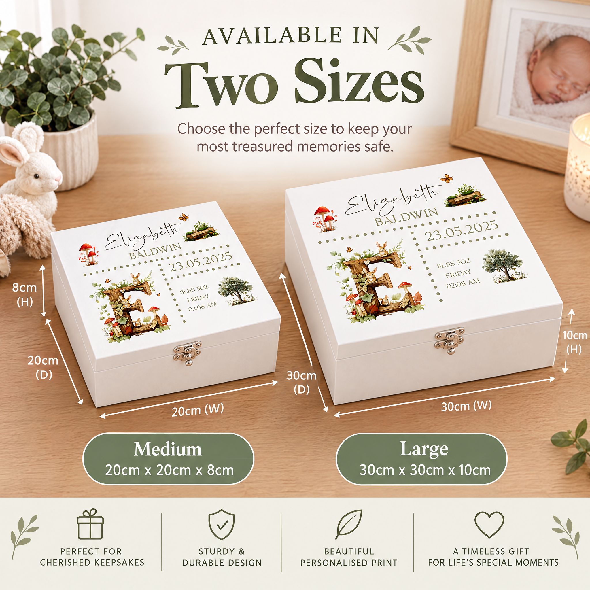 Personalised Woodland Theme Baby Memory Keepsake Box With Birth Details ukgiftstoreonline