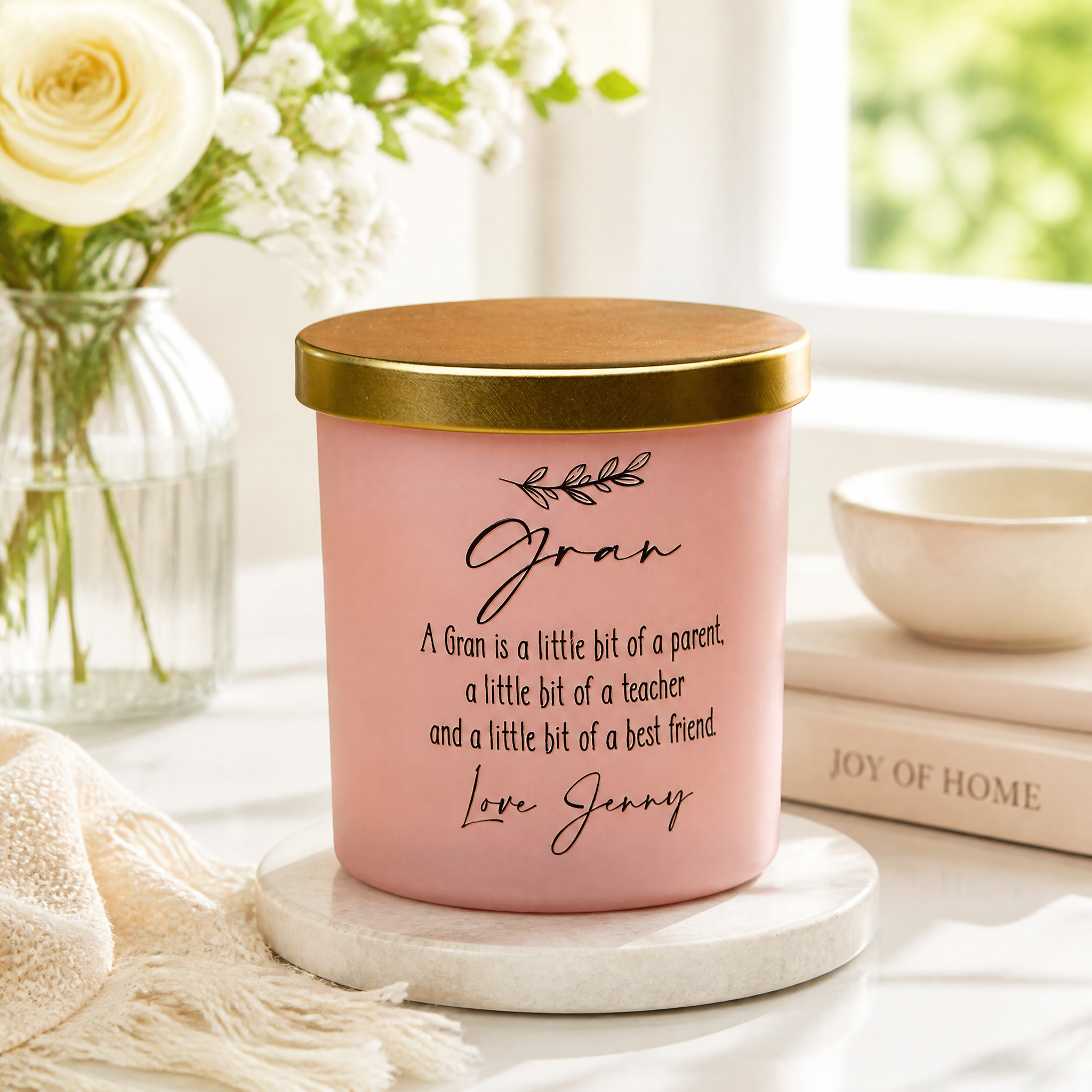 Personalised Jar Candle, Pink Frosted Glass Sentiment Gift For Gran personalised Candle Lights ukgiftstoreonline