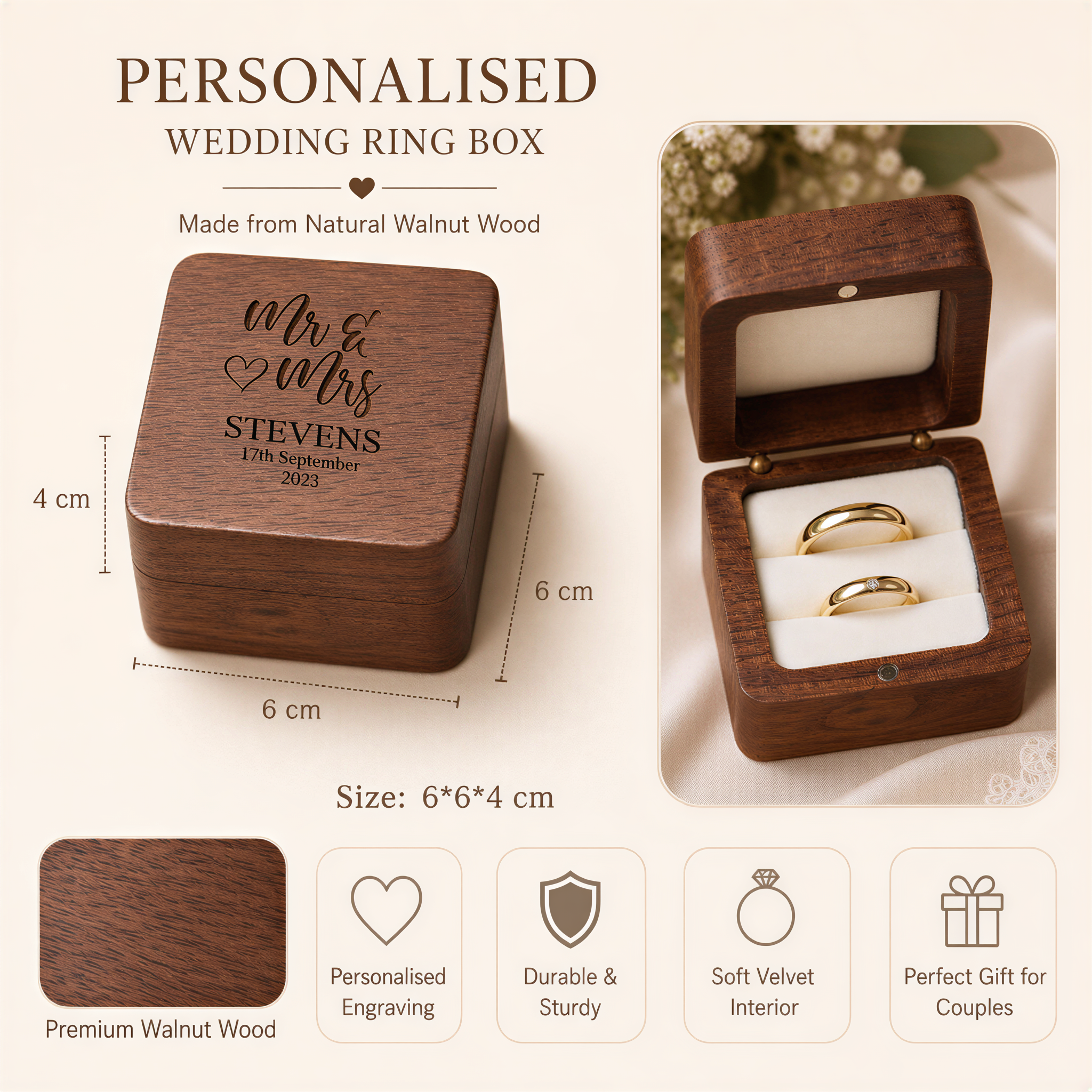 Personalised Wedding Ring Box, Mr & Mrs Walnut Holder For 2 Rings Personalised Wedding Gift ukgiftstoreonline