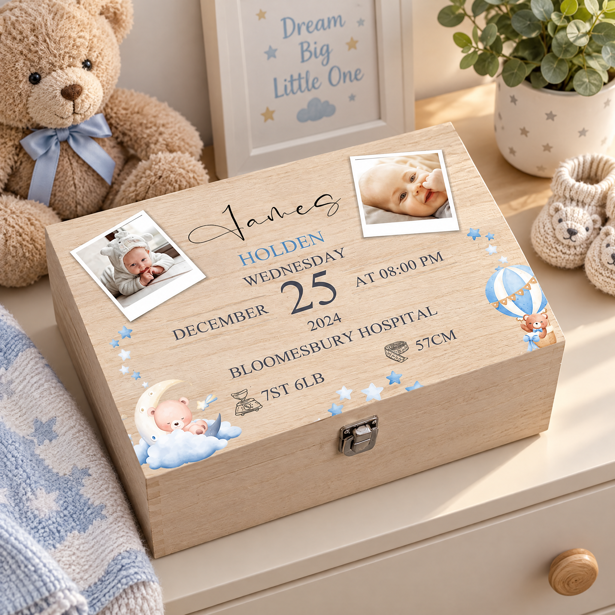 Personalised Wooden Baby Boy Memory Keepsake Box With Photos and Birth Details Keepsake Memory Box ukgiftstoreonline