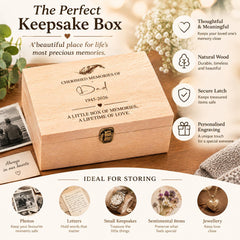 The image is an advertisement for a wooden keepsake box, highlighting its features and benefits.