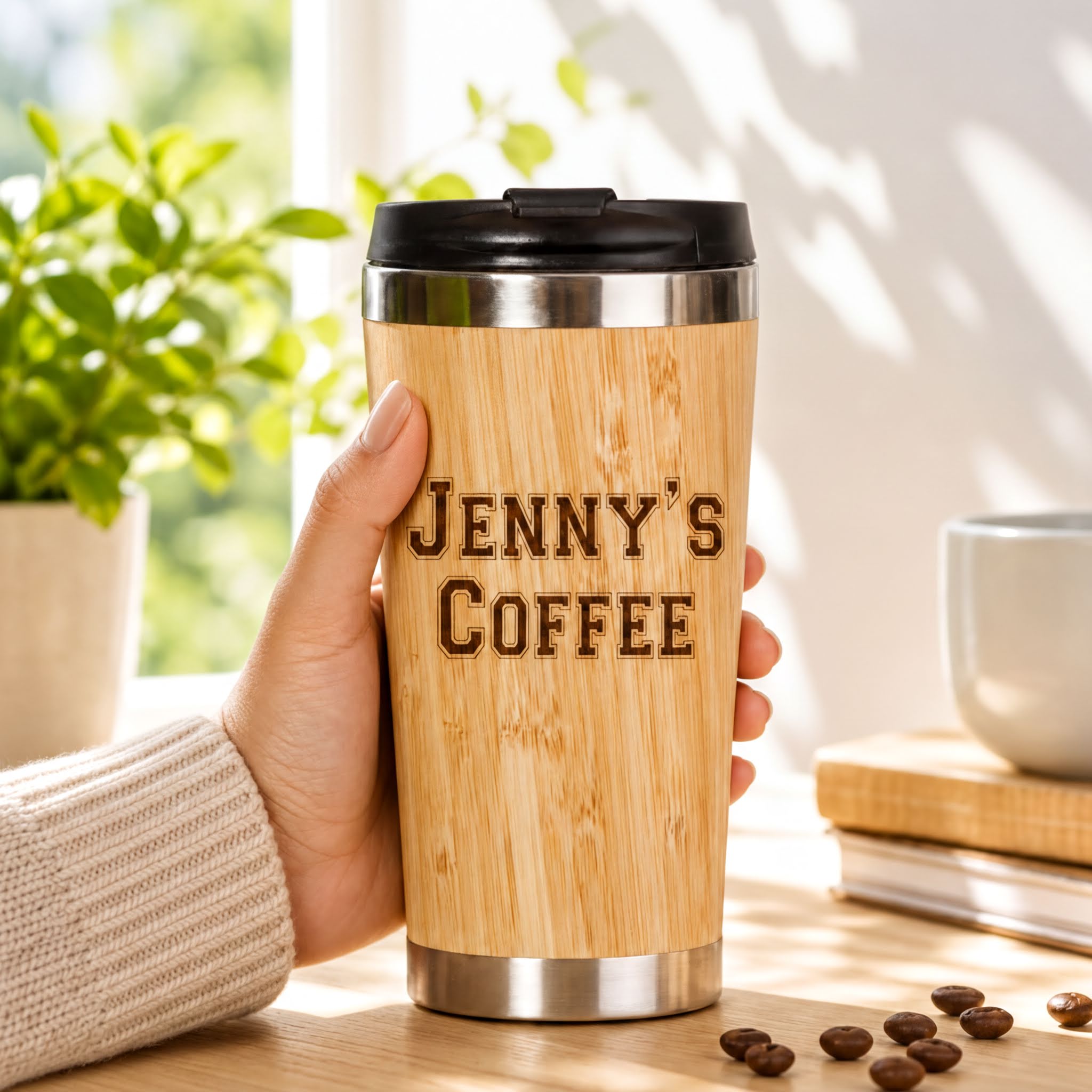 Personalised Any Name Reusable Sustainable Bamboo Travel Mug Personalised Mugs ukgiftstoreonline
