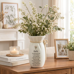 a white vase with a floral arrangement and a message that reads "Auntie" on it, placed on a wooden table. The table also has a candle, a book, and a framed photo.