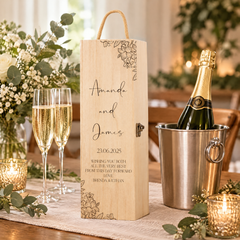 Personalised Wedding Wine Box, Floral Wooden Gift For The Couple Champagne Bottle Holder ukgiftstoreonline