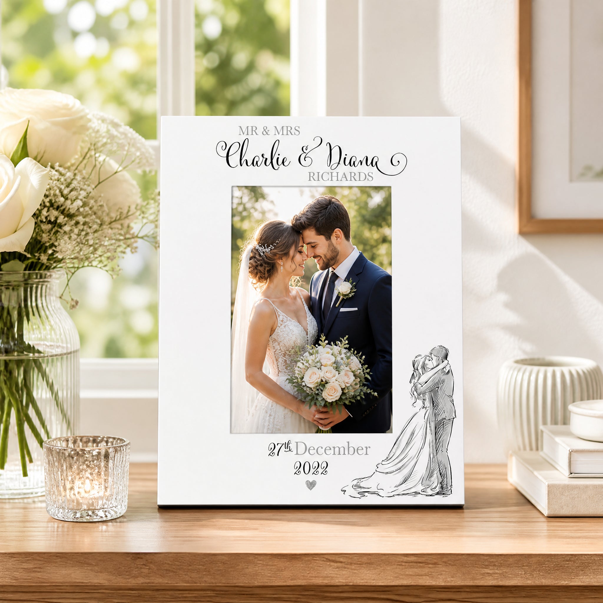 Personalised Wedding Day Wooden Photo Frame Gift With Sketch Couple Photo Frame ukgiftstoreonline