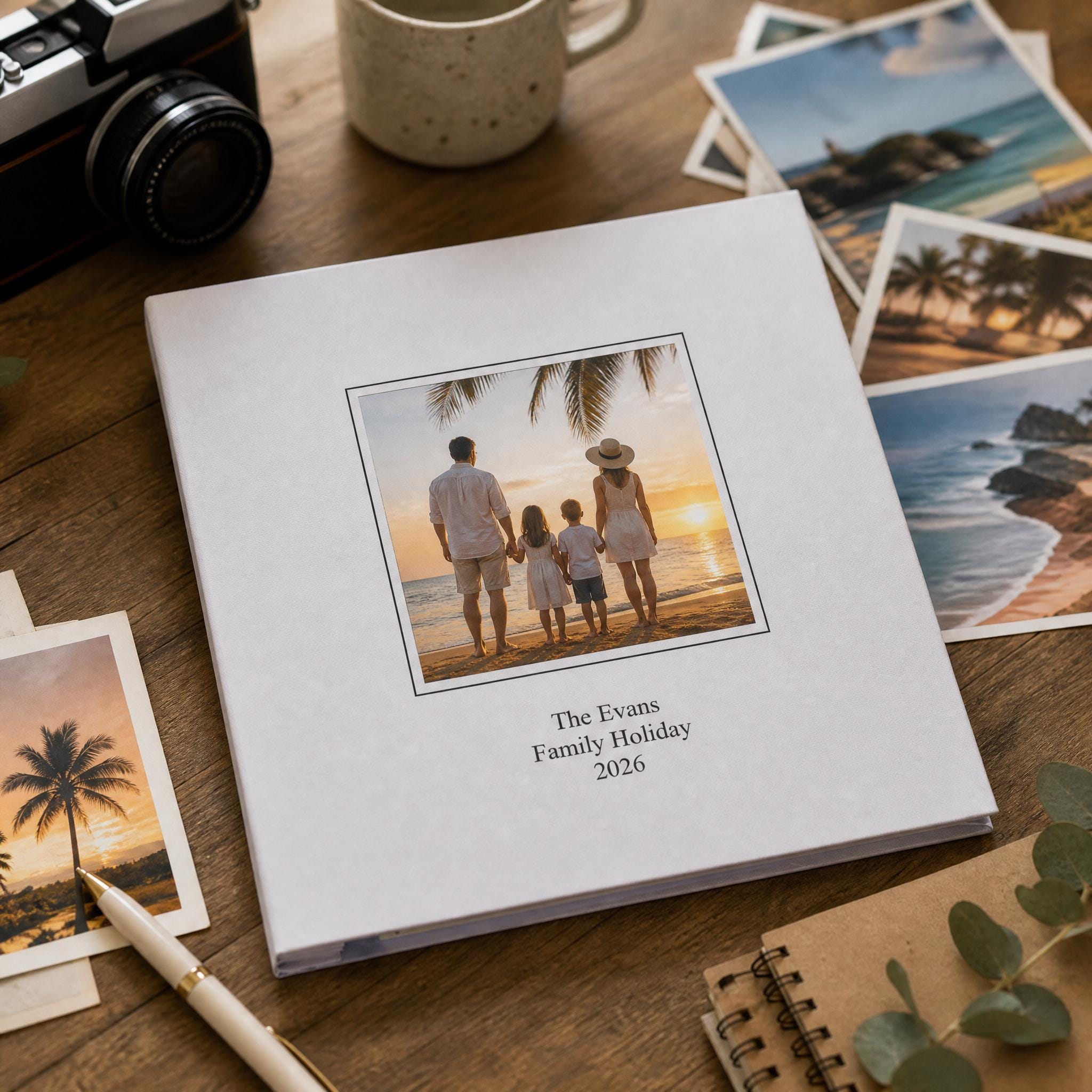 a white photo album with a family photo on the cover, placed on a wooden surface alongside other items such as a camera, mug, and other photographs.