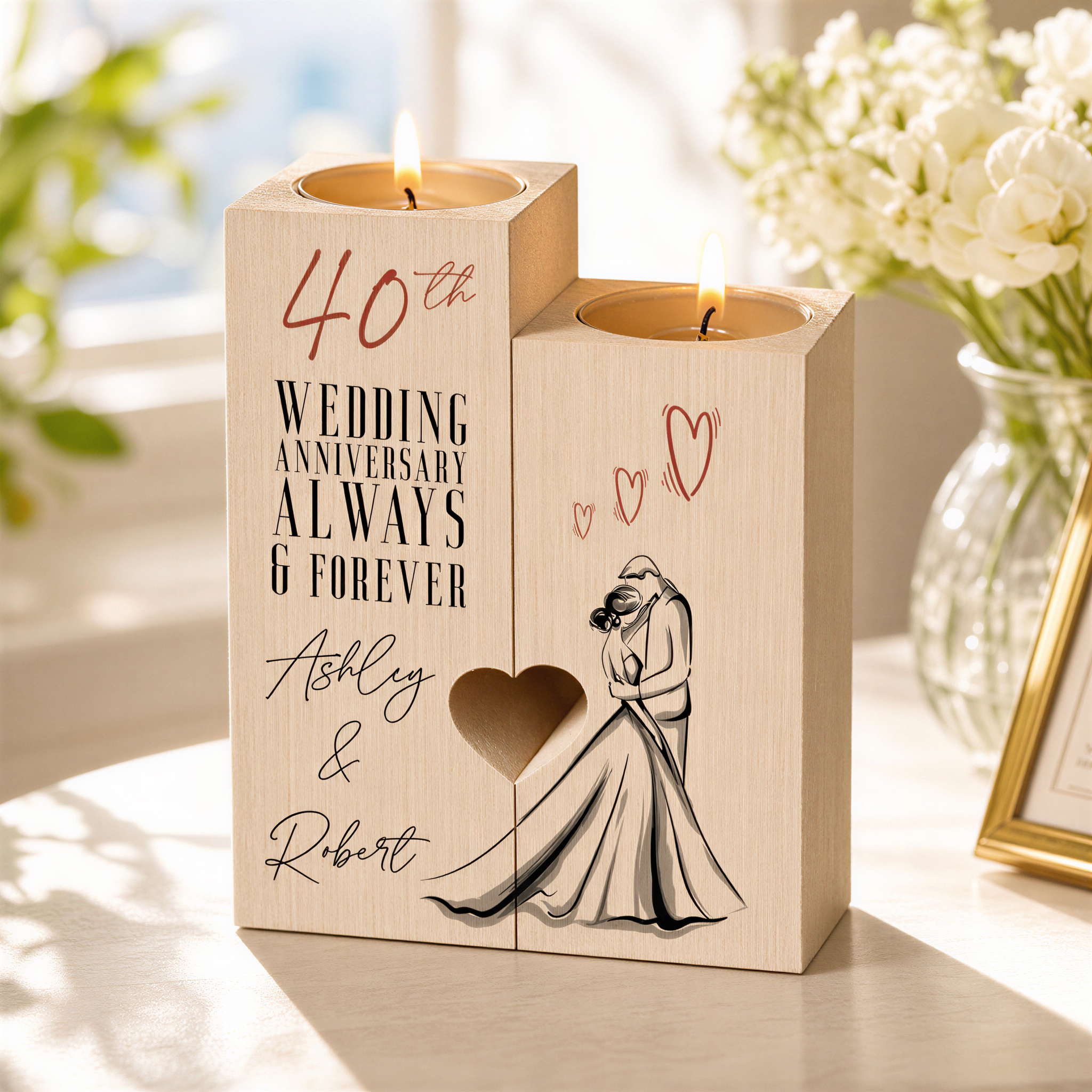 Personalised 40th Anniversary Double Tea Light Candle Holder With Couple Tea Light Holder ukgiftstoreonline