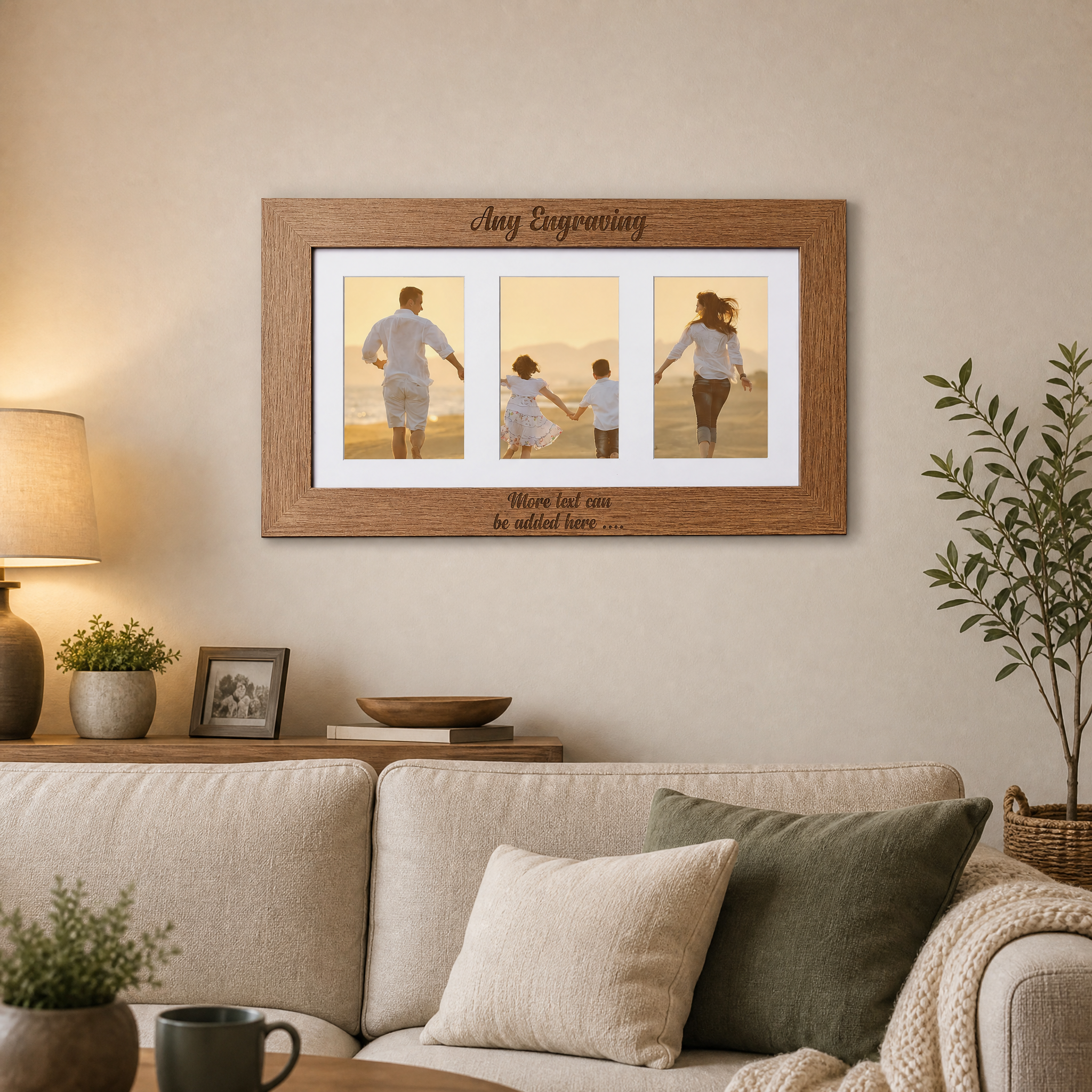 Personalised Wooden Triple Photo 6 x 4 Frame Engraved Any Message Cursive personalised photo frames ukgiftstoreonline